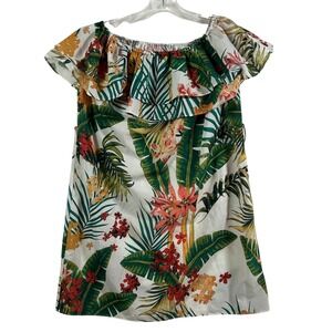 Lucy Wang Women Tropical Floral Off Shoulder Ruffle Mini Dress White Green Small